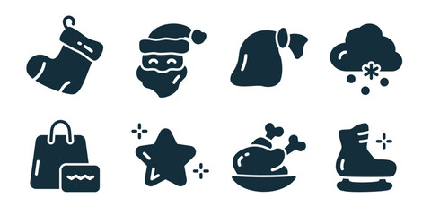 New year excellent icon collection. Set of christmas stocking, santa face, winter hat, snowfall cloud, shopping bags, star sparkle, roasted turkey, ice skate icons