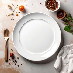 A blank white plate centered with food elements scattered around