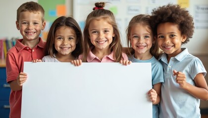 Diverse happy kids hold blank white sign board in classroom. Children smile together, ready to display message or drawing for school project, presentation, or announcement. Back to school fun.
