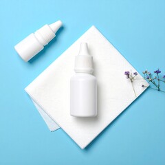 Two white dropper bottles, tissue, and tiny flowers on a blue surface