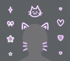 Purple Neon Cat Ears and Whiskers Doodle Set