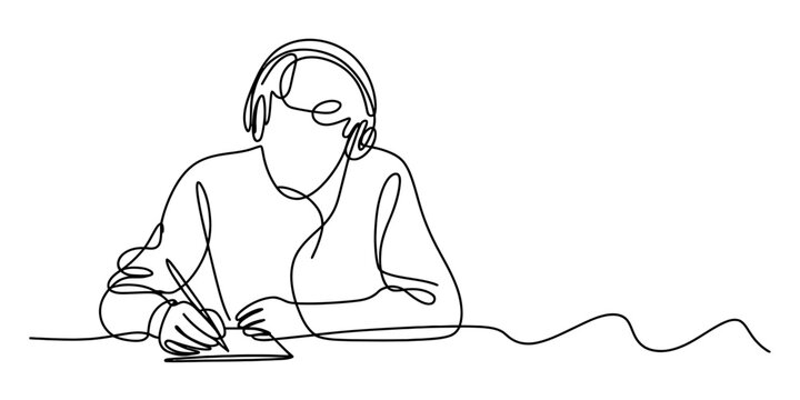 Minimalist continuous line drawing of a person focused on writing while wearing headphones Vector, illustration