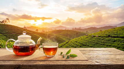 Glass teapot and teacup filled with hot black tea on a wooden table. In the background, lush tea plantations stretch across rolling hills at sunrise