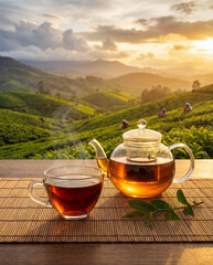 Glass teapot and teacup filled with hot black tea on a wooden table. In the background, lush tea plantations stretch across rolling hills at sunrise