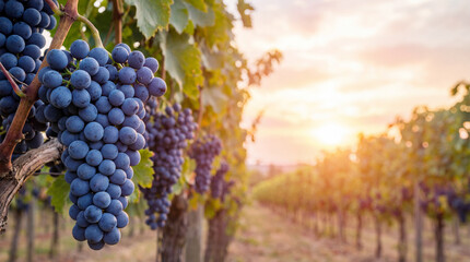 Fototapeta premium Large bunch of dark blue grapes on a grape bush among rows of grape bushes in the rays of the setting warm sun.