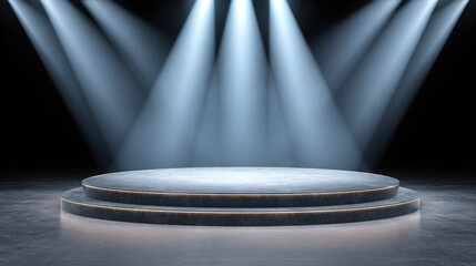 Empty circular stage illuminated by dramatic spotlights in dark theater. This background with pedestal creates an atmosphere of anticipation for performance or presentation