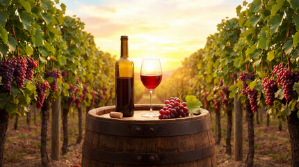 Fototapeta premium Glass of red wine and a bottle of wine stand on an old oak barrel against the backdrop of vineyards in the evening sunset.