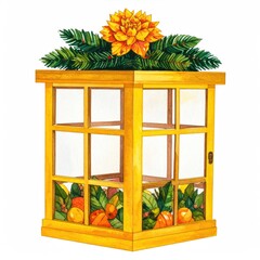 Watercolor painting of a golden lantern with floral and fruit adornments