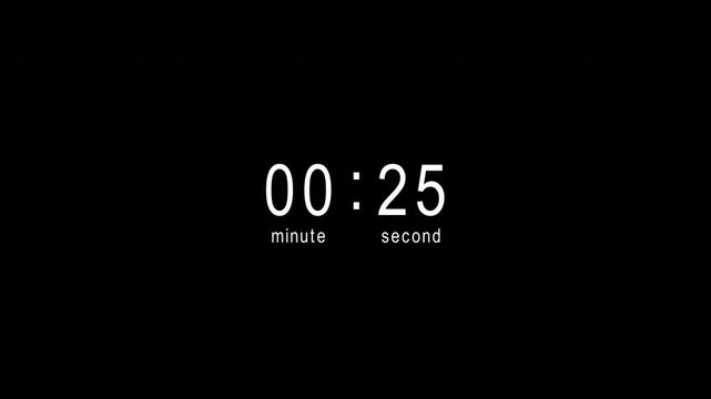 This countdown animation presents minute and second values with subtle labels below the numbers. The high contrast layout enhances readability and works well for streaming intros, broadcasts