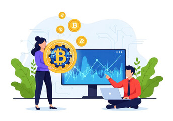 Illustration of a woman and man working with bitcoin on a computer isolated on transparent background