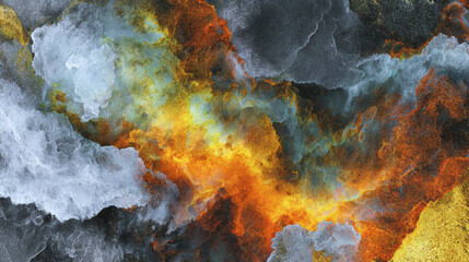 Dramatic abstract background of colorful cloud and smoke in dynamic fire explosion. An intense display of flowing energy, this texture provides powerful and chaotic feeling