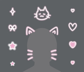 Pink Neon Cat Ears and Whiskers Doodle Set