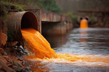 Industrial pipe discharging bright orange liquid waste into a river, highlighting environmental pollution and the impact of industrial activities on natural water bodies