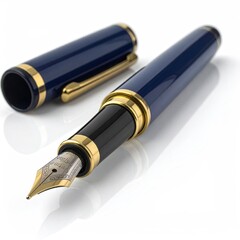 Classic fountain pen, blue and gold, with cap beside, on a bright surface