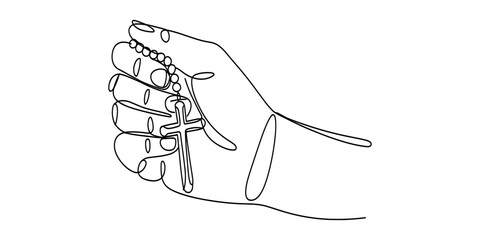 A minimalist continuous line art depiction of a hand gripping a rosary during prayer Vector, illustration