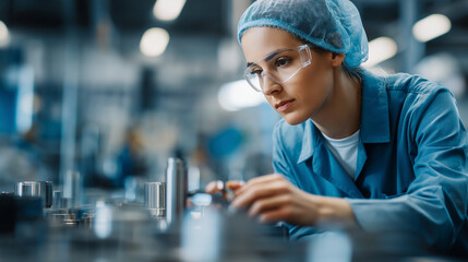 Faceless factory employee in uniform examining metal part with caliper heavily defocused clean production lines background anonymous worker focused on dimension measurement
