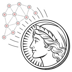 Silver coin with woman's profile merging with glowing pink data dots