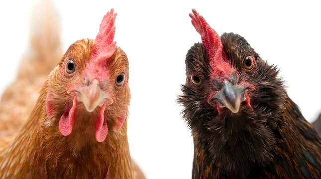 Two Curious Chickens Close Up Portrait Brown and Black Hen Faces Looking at Camera White Background