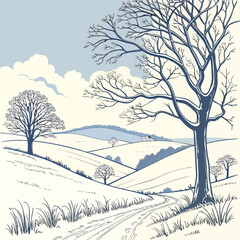 Snow dusted hills under bright sky with bare trees