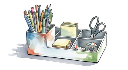Watercolor illustration depicts a multi-compartment desktop organizer filled with writing instruments and crafting supplies