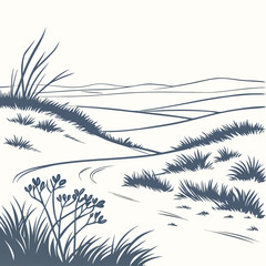 Arctic tundra landscape with grassy hills and snowdrifts