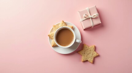 A cozy coffee break with star-shaped biscuits and a pink gift box on a pastel surface