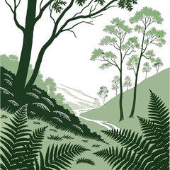 Green forest valley with scattered ferns and trees