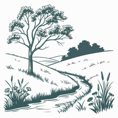 Obraz premium Minimalist green of a tree on a meadow plateau with a small creek