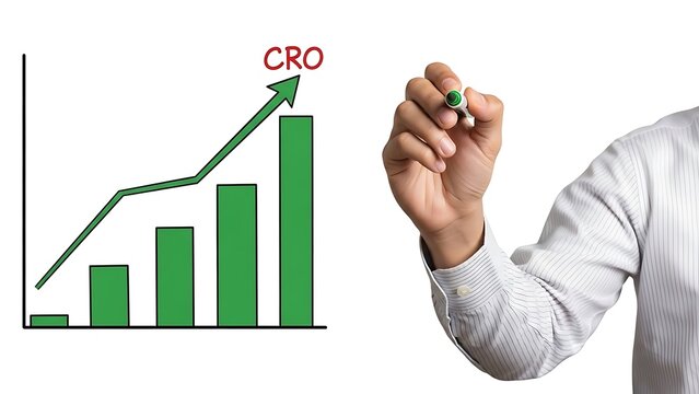 Businessman drawing an upward trending bar chart labeled CRO indicating successful conversion rate optimization strategy