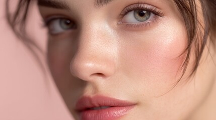 Close-up of Young Woman with Natural Makeup, Soft Skin, and Expressive Eyes Against Light Pink Background for Beauty and Fashion Photography