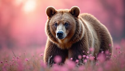 Obraz premium Brown bear walks through pink flower field. Large mammal looks forward with gentle eyes. Soft pink light shines on fur. Peaceful wilderness scene.
