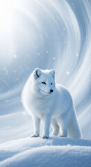 Naklejka premium Image of a white arctic fox standing on snowy ground, against an abstract blue and white background. Represents wilderness and adaptation to a cold climate.