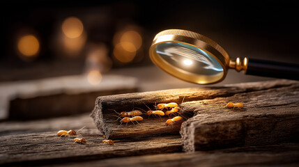 Termite damage on wooden structure heavily defocused background pest control inspection with flashlight illumination structural infestation assessment property damage detection