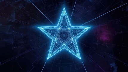 A bright glowing blue star made of neon lines shines in a dark digital background