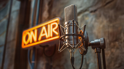 Professional studio condenser microphone stands ready for broadcast next to a glowing orange neon on air sign in a dimly lit recording environment