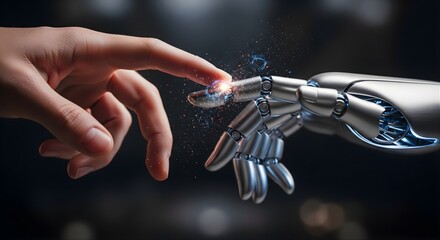 Human Hand Reaching Towards Robotic Hand Representing Artificial Intelligence Technology Connection Innovation and Future of Human Machine Interaction