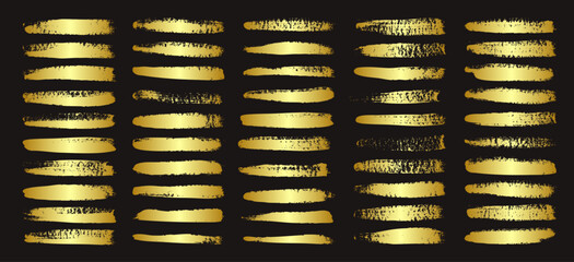 Golden brush strokes, lines, ink smudges, hand-drawn scribble shapes. Handmade sketchy marks, acrylic stains, charcoal streaks. Paint textures, dry brush effect. Marker underline. Vector illustration