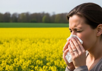 Woman suffering from seasonal allergies blowing her nose in a field of yellow flowers.