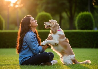 Woman and dog share a joyful moment in a park at sunset.