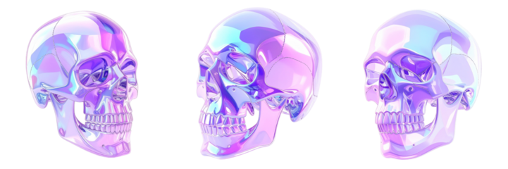 Three Rendered Skulls In Side And Front Views Against Transparent Background With Purple And Blue Hues Illuminated