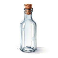Clear glass container with a stopper rests on a white surface in a watercolor style