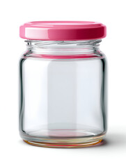 A clear glass jar with a pink lid, perfect for holding food items, spices, or decorative storage.