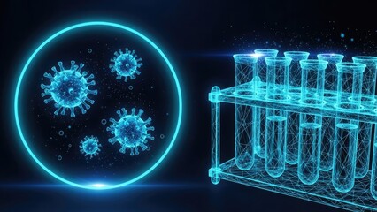 Glowing blue virus cells and test tubes in a laboratory setting