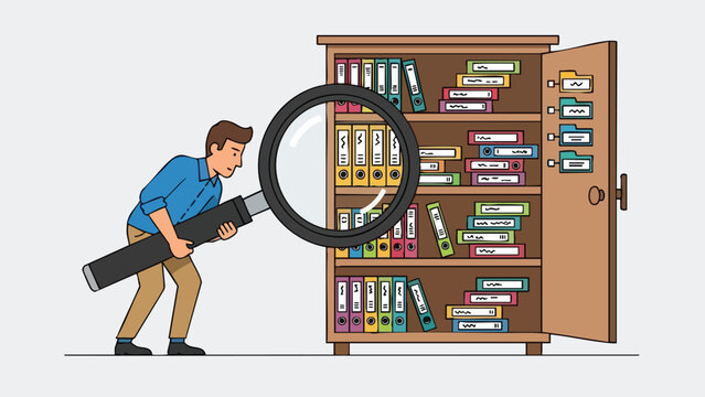 Man diligently searching through a voluminous file cabinet with an oversized magnifying glass to locate specific data and documents