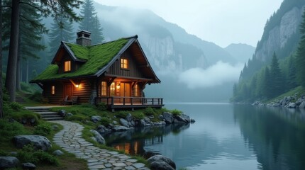 Fototapeta premium Cozy lakeside cabin at dusk