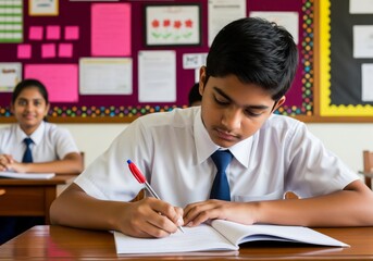 Young students in a classroom focusing on their studies.