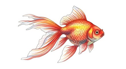 Fototapeta premium Detailed illustration depicts a vibrant orange and gold ornamental fish with flowing fins