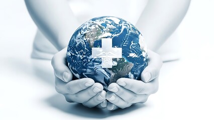 Global Healthcare Concept: Hands Holding Earth with Medical Cross Symbol