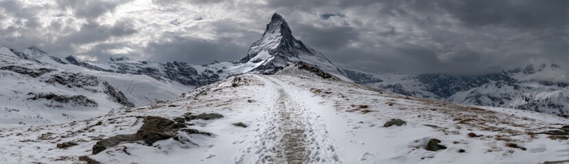 Obraz premium A trail winds through snow leading up to a tall mountain peak. Clouds hover above the summit. The scene shows a cold environment far from cities and crowds