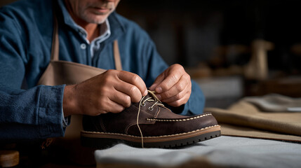 Fototapeta premium A craftsman hand-stitching premium leather onto a high-performance hybrid shoe that merges traditional artistry with modern cushioning technology. cinematic color correction, natural uneven